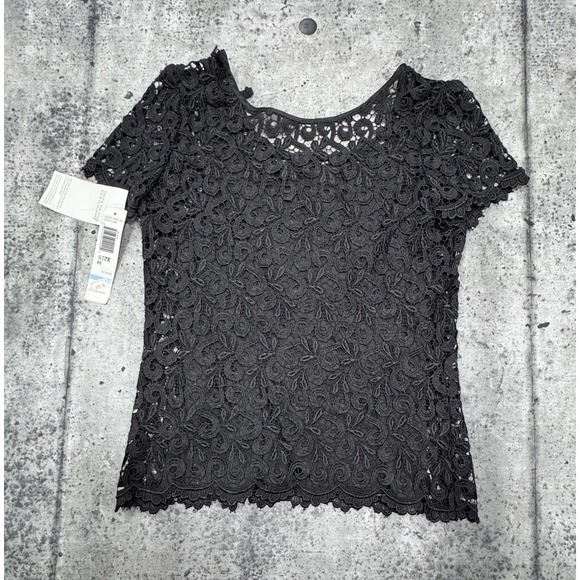 NWT M Lord&Taylor MARINA Black Lace Overlay Sleeveless Top Double Vneck Evening - Picture 10 of 10